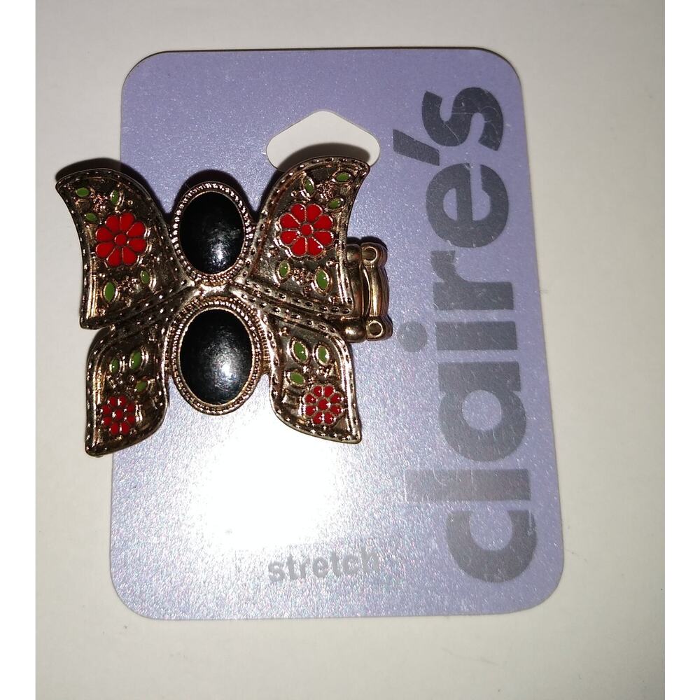 Vintage Silver Tone Butterfly Red Black Flowered Stretch Ring NEW NOS
